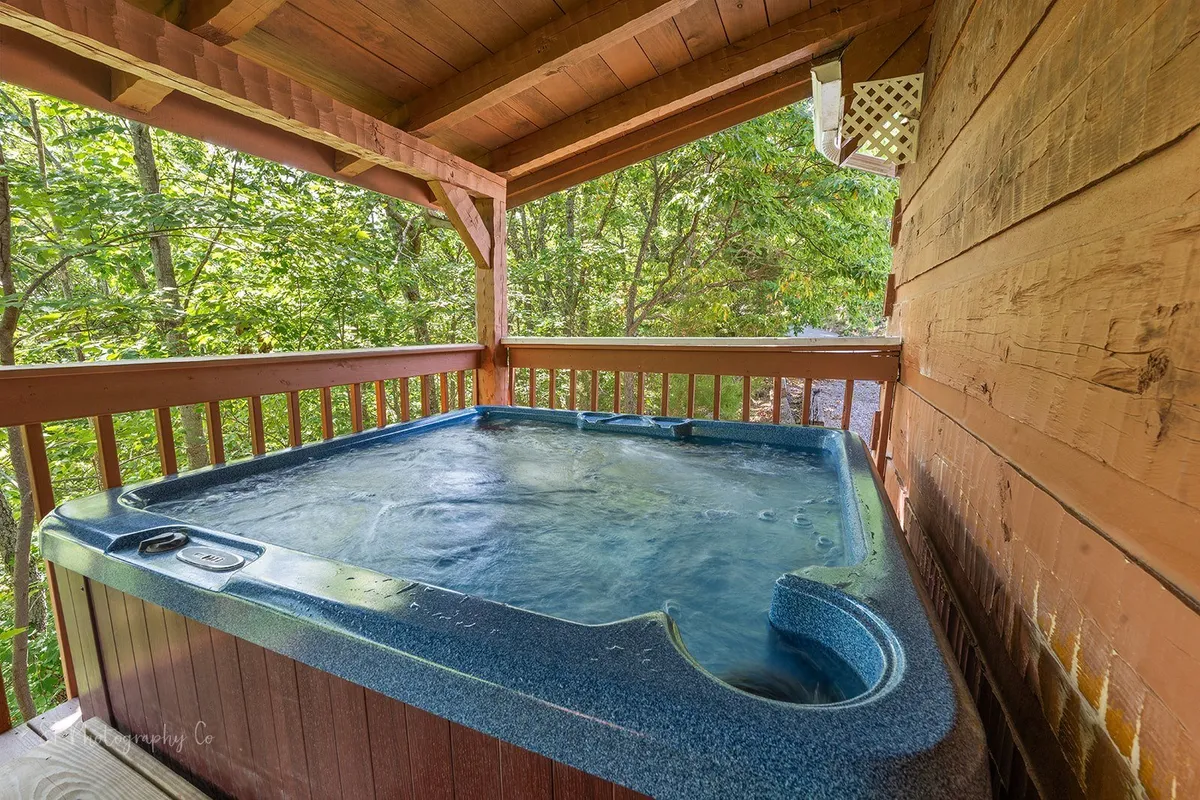 The hero image showcases the inviting exterior of a spacious wooden cabin nestled amidst lush greenery, with a bubbling hot tub on the deck overlooking serene mountain views. The setting is tranquil, ideal for unwinding and taking in the natural beauty that surrounds the property.